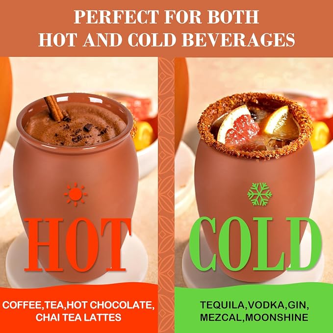 FirstGift 6-Pack Cantaritos de Barro Mexicanos – 12 oz Handmade Clay Cups for Margaritas, Taco Tuesday, Mexican Fiesta (Dishwasher & Microwave Safe)