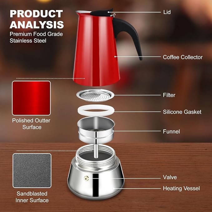 6 Cup Stovetop Espresso Maker Stainless Steel Moka Pot Stove Top Percolator Italian Coffee Makers Capable Mocha Greca Machine Cafe Classic Induction Cookers for Home and Camping 300ml 10oz