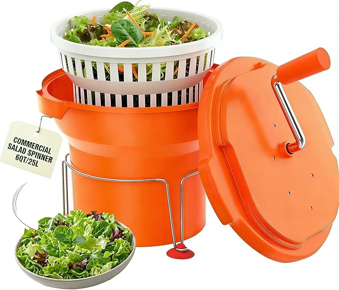 Commercial Salad Spinner - 6 Gallon Salad with Stand Dryer w/Silicone Anti-slip Mat & Draining Hose, 24Qt Manual Salad Spinner for up to 7 Heads of Lettuce Spinner Large for Catering