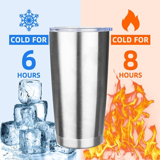 20oz Tumbler with Lid Stainless Steel Insulated Tumblers Travel Coffee Tumbler Bulk Double Wall Vacuum Insulated Water Cup Gifts for Christmas Women Men Her Him Home Office(Silver, 6pack)