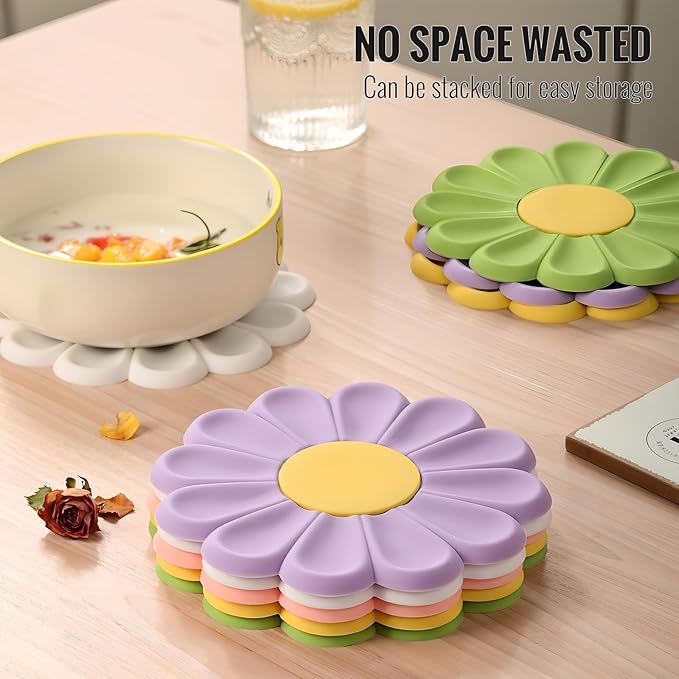 Daisy Trivets, Set of 4 Silicone Trivets for Hot Pots and Dishes, 6.7 Inch Round Flexible Silicone Pot Holders Hot Pads, Anti-Slip Coaster, Heat Resistant Mat Multi-Use Creative Placemat Kitchen