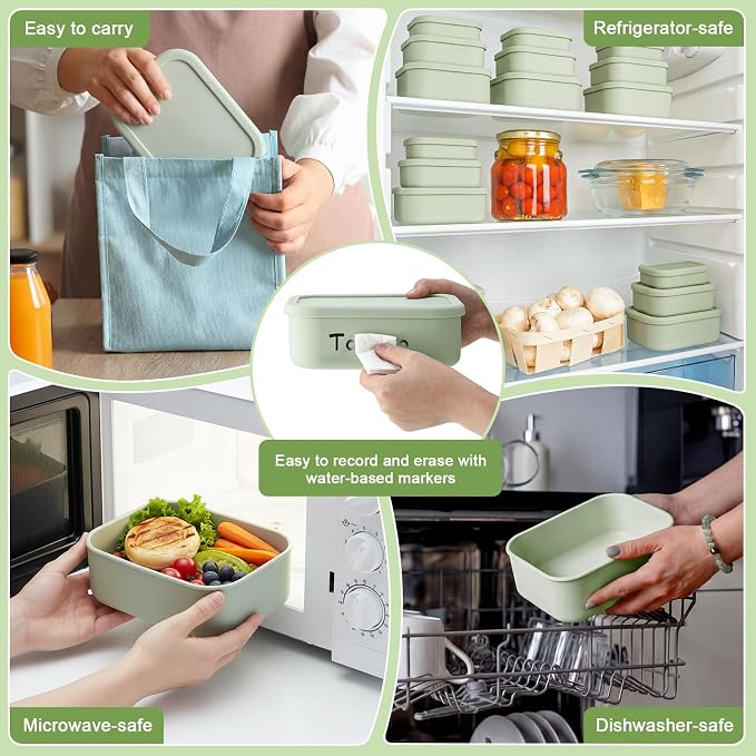 Blushtier 2 Sets of 6 Silicone Food Storage Containers, Reusable Lunch Bento Box with Lid, Hard Shell Storage Containers, Microwave Dishwasher Freezer Safe, 10 oz, 23.6 oz, 44 Ounce(Sage Green)