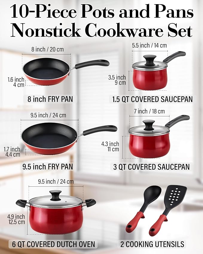 Cook N Home Professional Pots and Pans Nonstick Cookware Set, Belly Shape Kitchen Cooking Set with Frying Pans and Saucepans, Induction Compatible, 10-Piece, Red