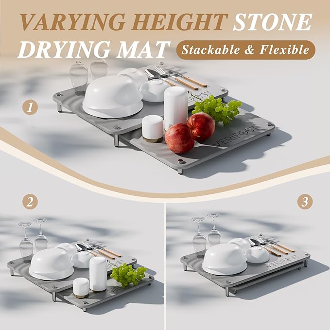 Pearl White 2PCs Large Drying Stone for Kitchen Counter, Stone Dish Drying Mat for Kitchen Counter, Quick Dry Mat with Non-slip Feet