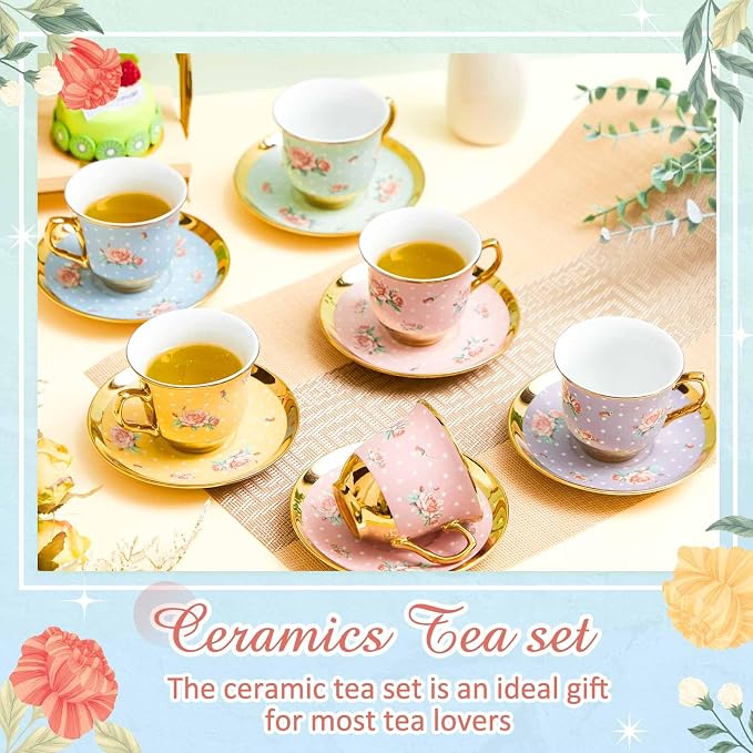 Teenyyou Set of 18 Tea Cups and Saucers Tea Party Decorations Floral Porcelain 5.4 oz British Gift for Women Birthday Party, Church, and Mother's Day (Vintage Style)