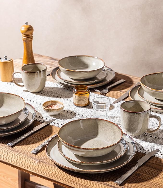 GBHOME Stoneware Dinnerware Sets for 4,12 Pieces Rustic Earthenware Plates and Bowls Set,Handmade Reactive Glaze Ceramic Plate Sets, Chip Resistant Dishes, Microwave & Dishwasher Safe, Smokey Taupe