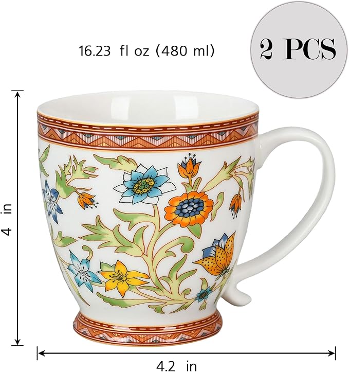 STP GOODS Porcelain Mug 13.5 fl. oz. - Set of 2 in Gift Box Coffee Cup, Gift for Women and Men (Fleurs des Prairies)
