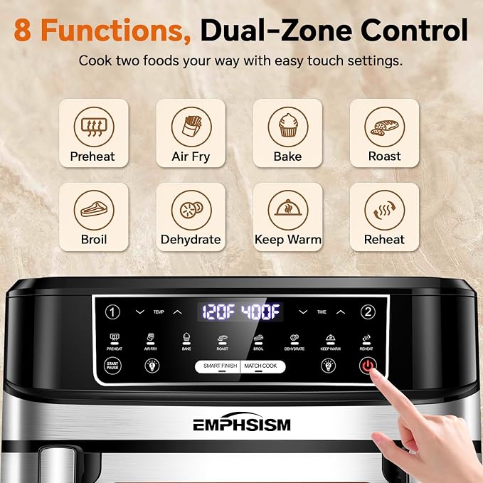 Emphsism 12QT Large Dual Zone Air Fryer with Divider, Match Cook & Smart Finish, Air Fry/Roast/Bake/Toast/Dehydrate/Reheat/Keep Warm/Preheat, Nonstick Dishwasher-Safe Basket, Digital Touchscreen