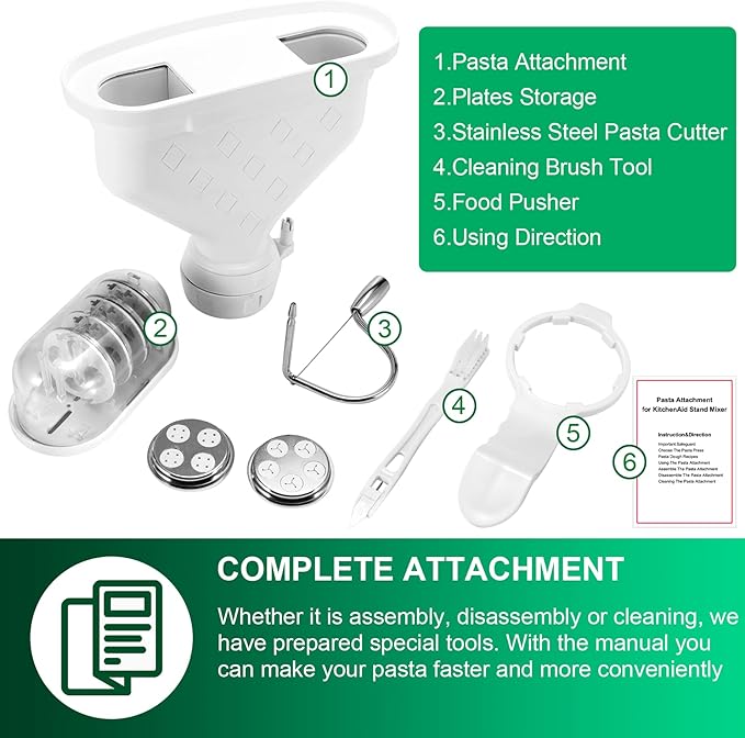 6-Piece Pasta Attachment for Kitchenaid Stand Mixer, Home made Pasta Press Attachment with 2 Feed Port