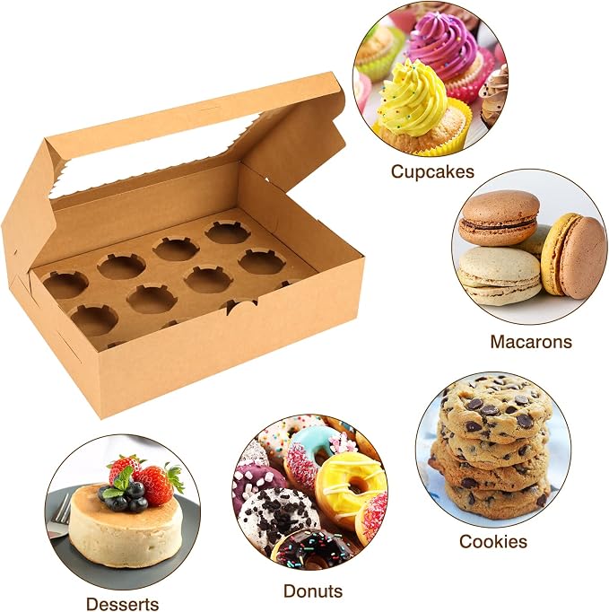 Moretoes 34 Sets Cupcake Boxes, Hold 12 Count Cupcake Containers, Brown Containers with Window and Inserts, 13 x 10 x 3.5 Inches Kraft Bakery Carrier Boxes for Birthday Holiday Party Bakery Supplies