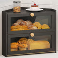 JANSNIMEN Black Corner Bread Box for Kitchen Countertop, Large Bread Container Storage Bamboo Wooden Farmhouse Bread Box with Window Bread Holder