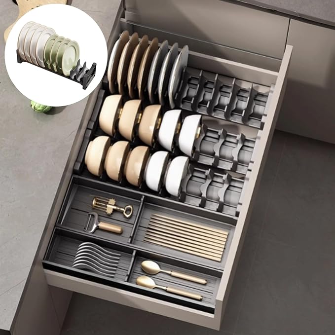Stainless Steel Dish Drying Rack, Adjustable Bowl & Plate Drainer, Pot Lid Holder, Cabinet Organizer for Cutting Boards & Cooling Racks (Black, 16.14*4.72 inch)