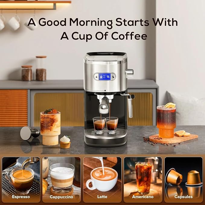 Xbeauty Espresso Machine 20 Bar, Semi-Automatic Professional Coffee Machine for Cappuccino & Latte with Milk Frother Steam Wand,LCD Display,45 oz Removable Water Tank,NTC Digital Temp Control,Black