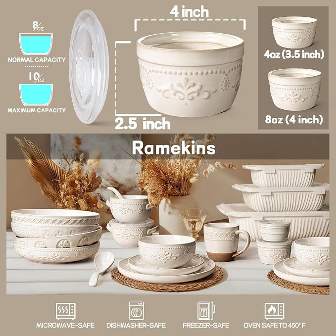Artena Ramekins with Lids, Creme Brulee Ramekins Oven Safe, Ceramic Pudding Cups, Souffle Cups, Custard Cups, Dipping Sauce Cups, Food Storage Containers with Lids, Set of 4 (8 oz, Damask Floral)