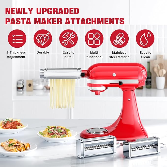 Pasta Maker Attachments Set for all KitchenAid Stand Mixer, including Pasta Sheet Roller, Spaghetti Cutter, Fettuccine Cutter, KSMPRA 3-Piece Pasta Roller & Cutter Set