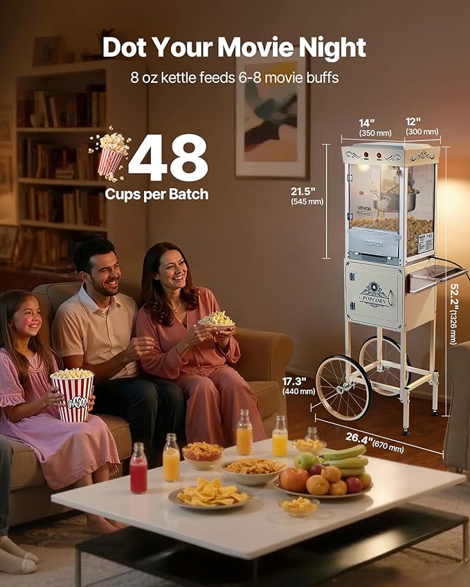 VEVOR Popcorn Machine with Cart, 8oz Stainless Steel Kettle, 800W Commercial Popcorn Maker, 48 Cups per Batch Theater Style Popper, with 2-Button Control Glass Wall PC Door 1 Scoop 3 Spoons, White