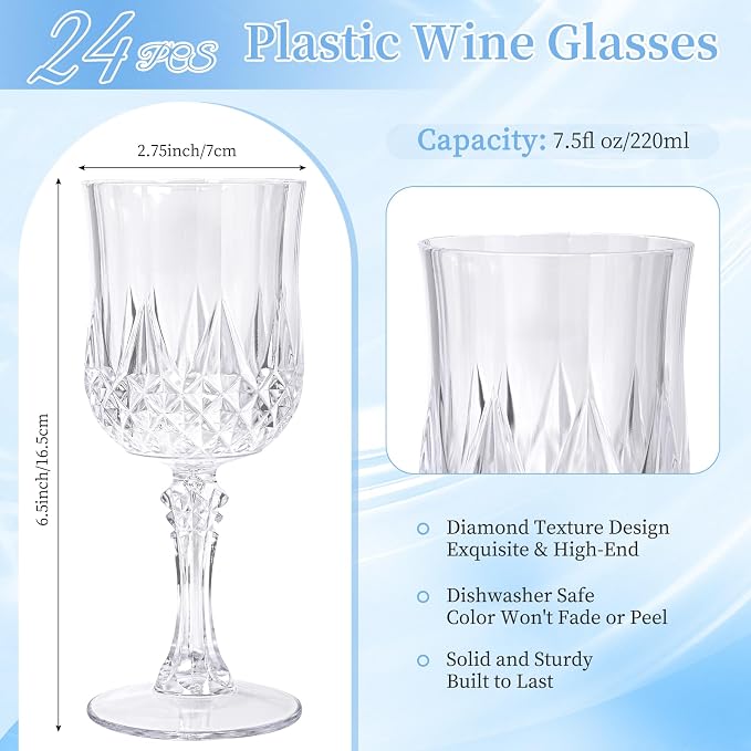 24 Pack Transparent Plastic Wine Glasses, Vintage Plastic Goblets for Parties, Drinking Glasses Unbreakable Glassware Crystal Water Goblets Reusable Drinkware for Wedding Reception Grand Event Party