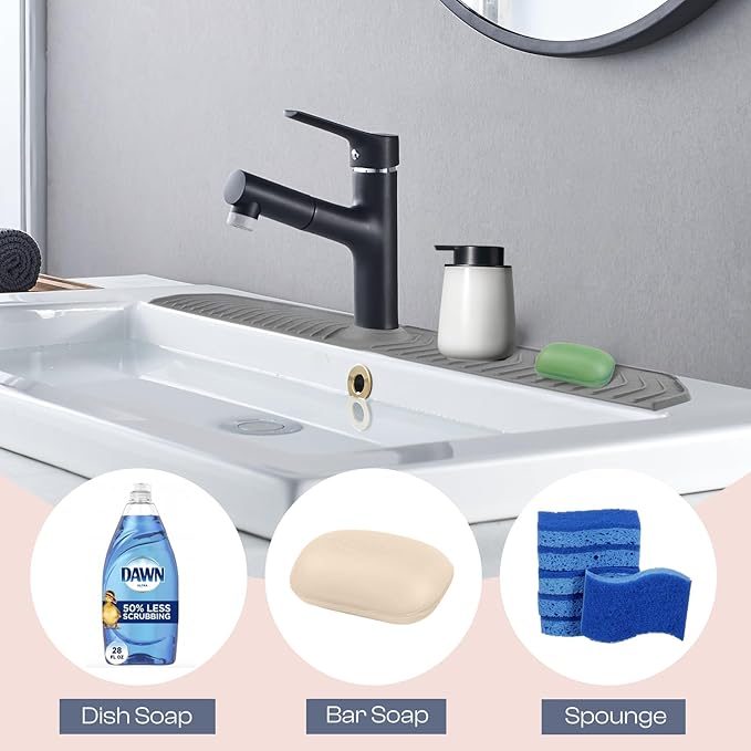 ElmRidge Upgraded 30 inch Farm Sink Splash Guard with Faucet Handle Drip Catcher Tray-Large Size Silicone Sink Faucet Mat for Extra Long and Thick Design Faucet Splash Guard for Kitchen Sink Gray