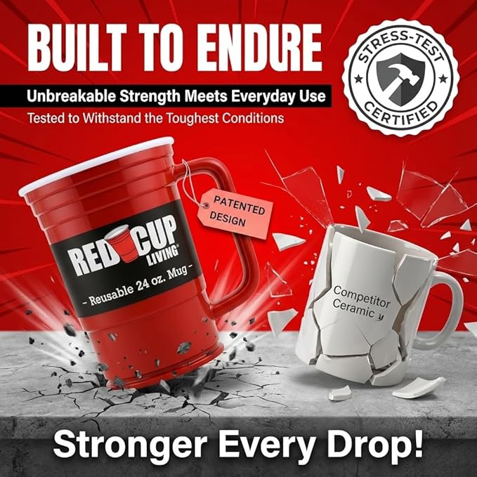 Red Beer Party Mug Glass Tumbler 6 Pack |Unbreakable Cups Beer Stein Reusable Drinking Supplies Birthday, Anniversary, Big Grip Tumbler Travel Outdoors | Dishwasher Safe Party Essentials