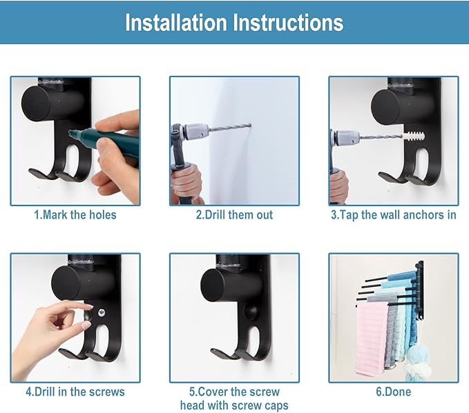 5-Arm Swivel Towel Rack - 180° Rotating Wall Mounted - 304 Stainless Steel Rustproof - Heavy Duty Space Saving for Bathroom Kitchen Laundry Room (Matte Black)