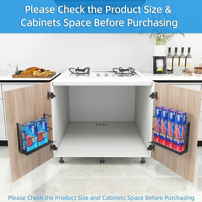 Gypie 2 Pack Kitchen Wrap Organizer Door Mount, Aluminum Foil Holder Cabinet Door Organizer Cabinet Storage Basket for Kitchen Wrap/Food Bag Storage, Black