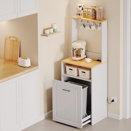 ZIFTY 10 Gallon Pull Out Trash Can Cabinet with Charging Station, Pet Proof Freestanding Kitchen Trash Bin Cabinet with Hooks, Coffee Bar, Wooden Garbage Recycling for Kitchen, Living Room