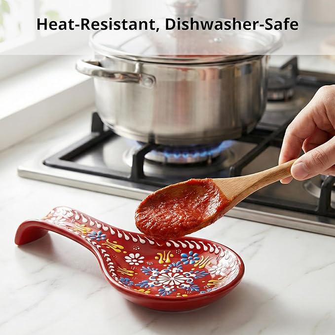 BCS Ceramic Spoon Rest, Large 9” Hand Painted Spoon Holder for Stove Top & Kitchen Counter, Dishwasher Safe & Heat Resistant Utensil Holder, Floral Kitchen Decor, Handmade Pottery