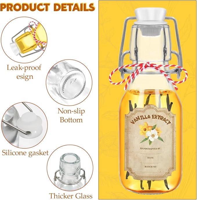 20 Pack Swing Top Glass Vanilla Extract Bottles 4 oz with Lids, Funnel and Vanilla Extract Labels, Boston Vanilla Bottles for Syrup Gift, Flip Top Glass Jars