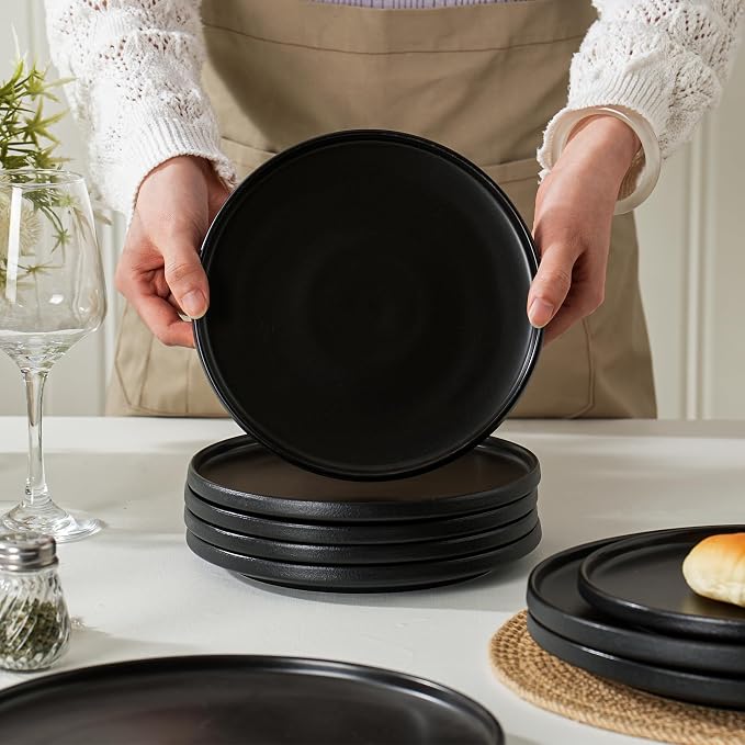 8 Inch Plates, Matte Black, Set of 4 | Matte Glaze Stoneware, Microwave Safe, Dishwasher Safe, For Salads & Desserts