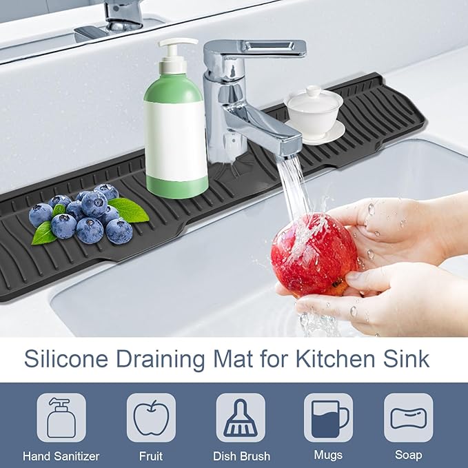 Faucet Guard - 90 Foldable Draining Mat for Kitchen & Bathroom Sink with 2 Drain Ports (Black, 29.9"*5.9")
