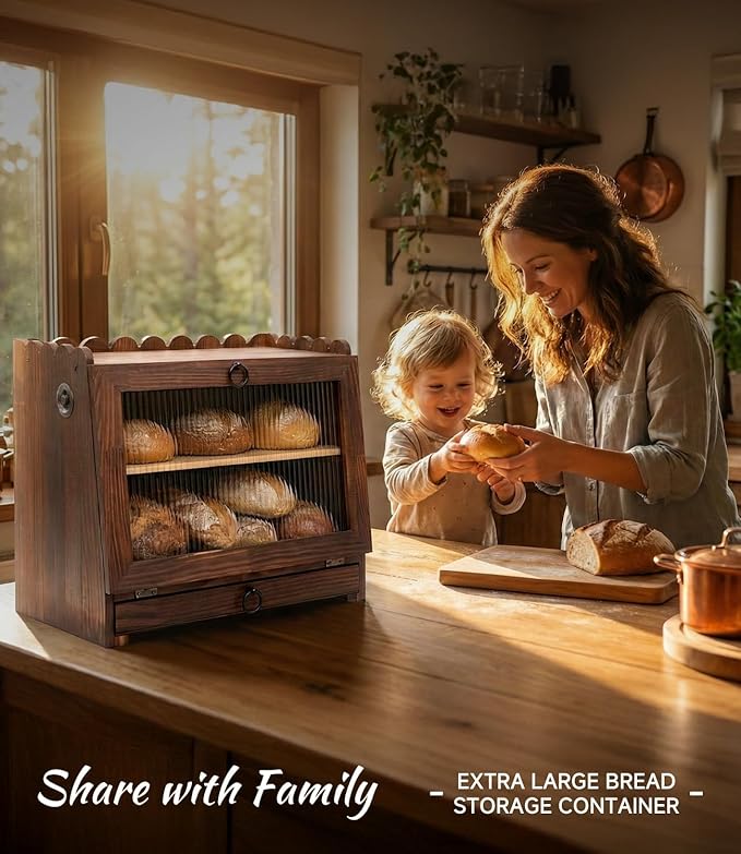 Bread Box for Kitchen Countertop Wooden Double Layer Bread Storage Container Bin Breadbox Holder Large Capacity Keeper Vintage Farmhouse Food Organizer (Brown, Large)
