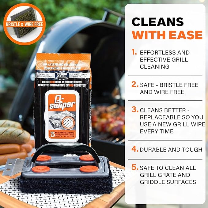 Proud Grill Q-Swiper Grill Cleaner Set - Bristle & Wire-Free Brush with Scraper & 80 Moist Wipes - BBQ Smoker Cleaner Kit, Safe for Outdoor Griddle Grates, Grease & Grime Remover, BBQ Gift for Mom