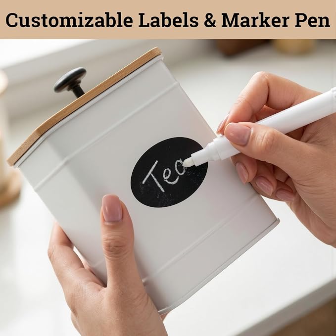 Kitchen Canisters for Countertop Set of 4 with Customizable Chalkboard Labels & Marker Pen - Big Iron Kitchen Canisters with Airtight Lids - Canisters Sets for the Kitchen - White Kitchen Canister Set | Airtight Easy Open Bamboo Lids, Dent-Resistant Th...
