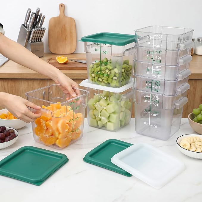 Lallisa 8 Pack 4 Qt Clear Food Storage Container with Handles and Lid Commercial Grade Square Food Containers with Lids Polycarbonate Storage Container for Home Kitchen Restaurant (White and Green)