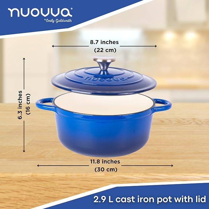 Cast Iron Dutch Oven with Lid - Non-Stick Ovenproof Enamelled Casserole Pot- Sturdy Dutch Oven Cookware - Dark Blue, 3.1-Quart, 22cm - by Nuovva