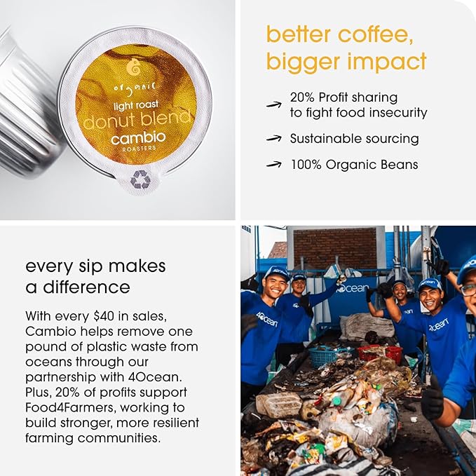 Cambio Roasters Organic Coffee Pods - Donut Blend Light Roast, The Only Organic Recyclable Aluminum Coffee Pods, Small Batch Roasted, Keurig® Compatible, Balanced Flavor, Longer Lasting Freshness, 10 Count