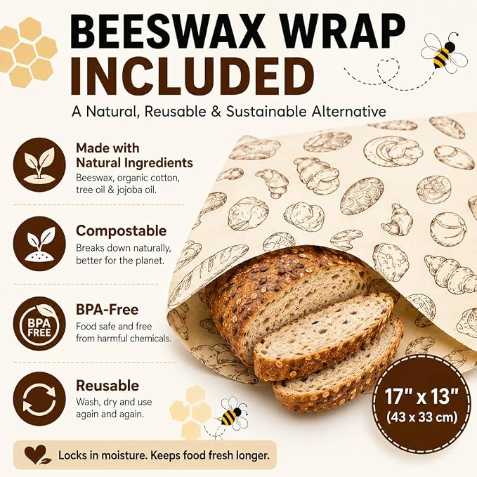 Cotton Beeswax Bread Bags for Sourdough - 3 Pack Reusable 2XL Set with Beeswax Wrap & Buckle Closure, Freezer Safe, Eco-Friendly Organic Storage for Homemade Bread & Artisan Loaves