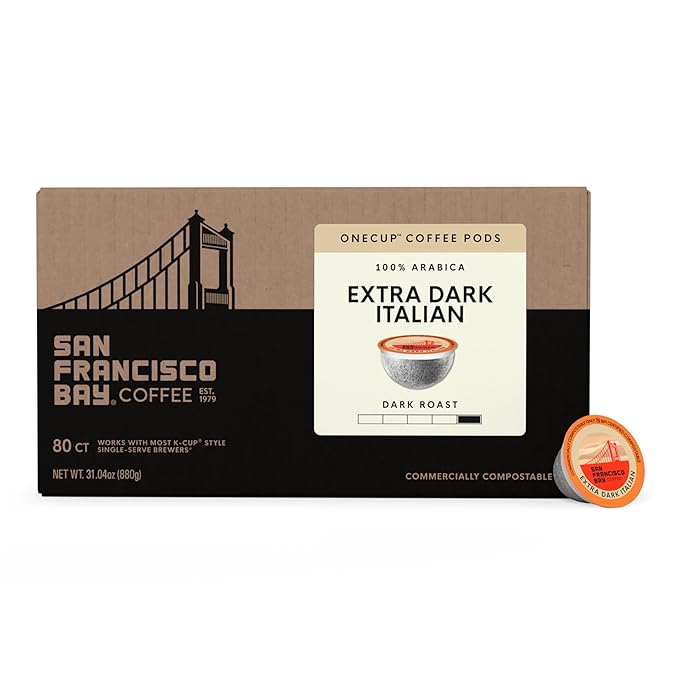 San Francisco Bay K-Cup Coffee Pods, Extra Dark Italian (80 Ct), Dark Roast, Commercially Compostable Single-Serve Coffee Pods