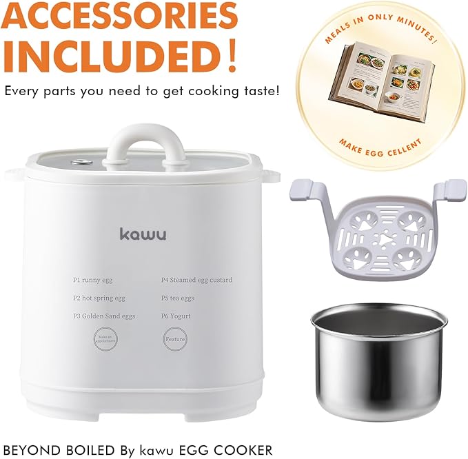 Kawu Egg Cooker, 6-in-1 Electric Rapid Egg Poacher for Hard Boiled Eggs, Yogurt, Custard, 12H Delay Start & Auto Off, Portable Breakfast Maker with Stainless Steel Bowl, 4 Eggs