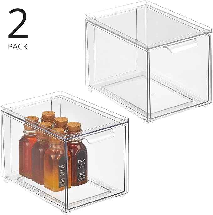 mDesign Kitchen Storage Drawer Box – Plastic Storage Box with Pull-Out Drawer – Pantry, Fridge and Cupboard Storage for Food and Snacks – Pack of 2 – Clear