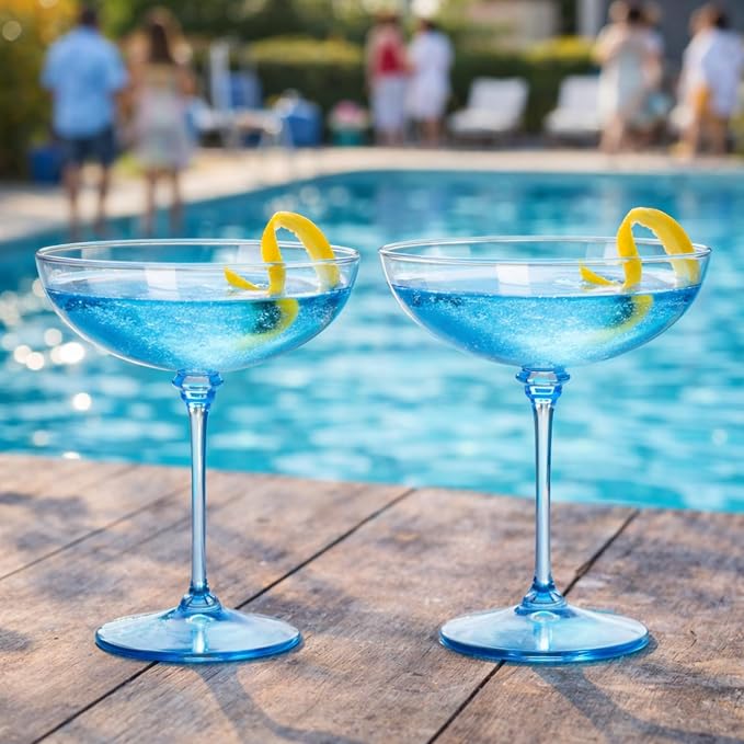 LemonRoad 12 Pcs Plastic Coupe Glasses 9 oz Disposable Martini Glasses for Cocktails, Champagne, Desserts and Espresso, Drinkware Set for Weddings, Birthday Parties, Home Bars (Blue)