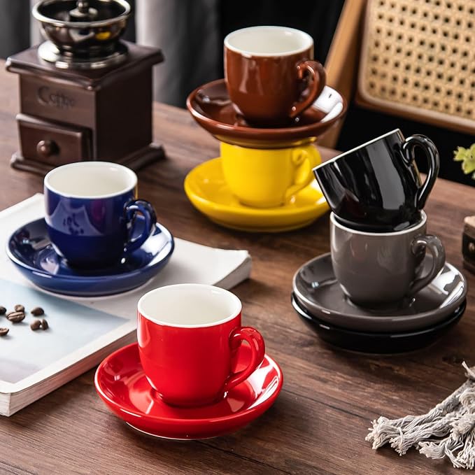 5oz Espresso Cups with Saucers Set, Colorful Coffee Cups Set, Ceramics Tea Cup with Handle, Coffee Mugs Set of 6, Assorted Colors