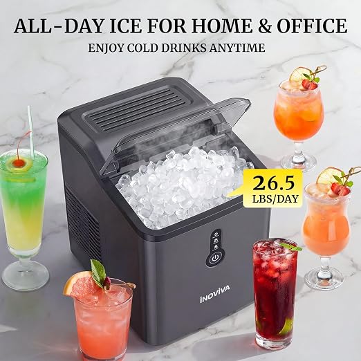 INOVIVA Ice Makers Countertop, Nugget Ice Ready in 6 Mins,26.5LBS/Day, FLASHCHILL™, Self-Cleaning Ice Machine, Compact Portable Design for Home, Kitchen, Office & Party