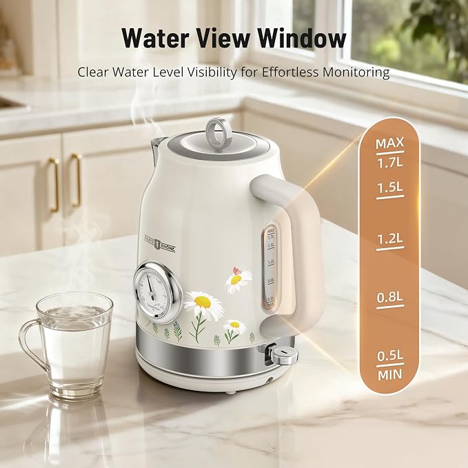 PARIS RHÔNE Retro Stainless Steel Electric Kettle, 1.7L Cordless Hot Water Tea Kettle with Thermometer, 1500W Fast Heating, LED Indicator, Auto Shut-Off & Boil Dry Protection