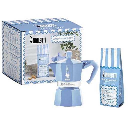 Bialetti Moka Express 3 Cup Light Blue & Almond Ground Coffee Gift Set – Stovetop Espresso Maker with 250g Caffe Macinato Mandorla, 80% Arabica 20% Robusta Medium Dark Roast, Made in Italy