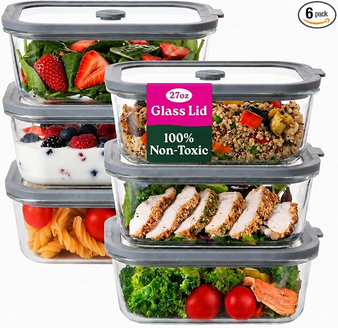 6 Pack Non-Toxic Glass Storage Containers with Glass Lids –27 Oz Borosilicate Glass Meal Prep Containers for Lunch, Airtight Food Storage, Microwave & Freezer Safe-Plastic Free