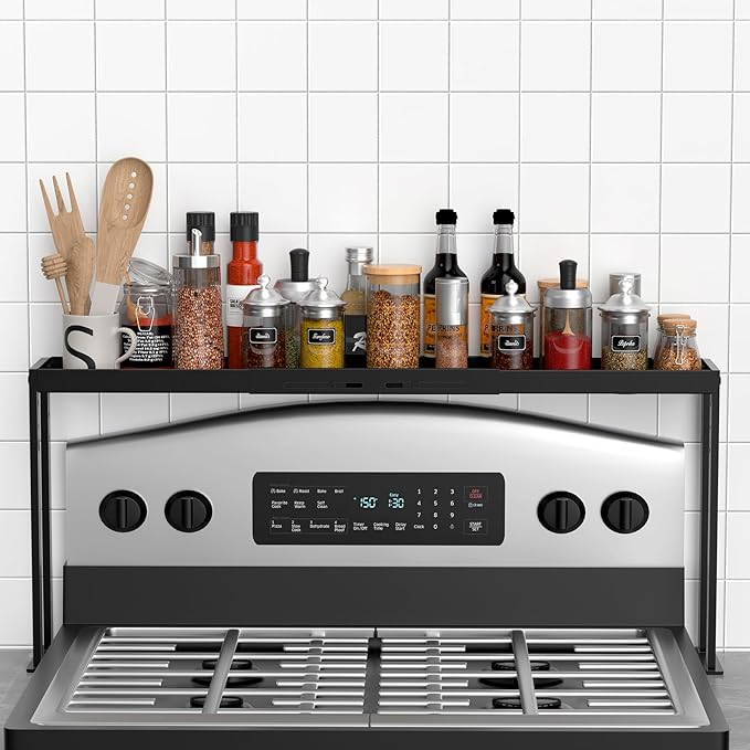 BOIVSHI Stove Top Shelf, Kitchen Over Shelf for Stove, Stove Spice Rack for Top, Adjustable 27-33inch, Fits Various Stove Lengths, Kitchen Spice Organizer, Condiments and BBQ Sauces, Black