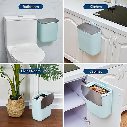 Hanging Kitchen Trash Can with Lid - 2.4 Gallon Small Compost Bin for Cabinet Door, Under Sink - Odor-Sealing Stainless Steel Top Food Waste Bin for RV, Bathroom, Office - Indoor Recycling Bin