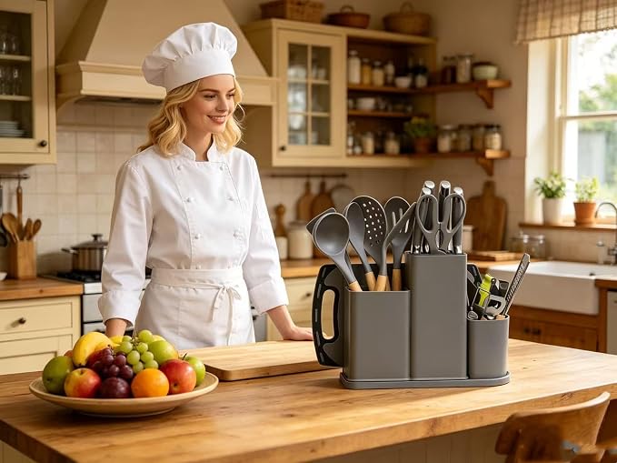 Kitchen Utensils and Knives Set, 20PCS Knife and Cooking Spoon Tools Set with Storage Holder, Sharp Stainless Steel Knife Sets with Bread, Chef Knife Cutting Board (Grey)