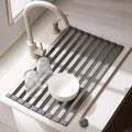 Wide Dish Drying Rack, Silicone Wrapped Over Sink, Multipurpose Foldable Sink Dish Drainer Mat, Stainless Steel, Anti-Slip & Anti-Rust Dish Rack for Kitchen (Dark Gray,14.9X13.4inch & 38X34cm)
